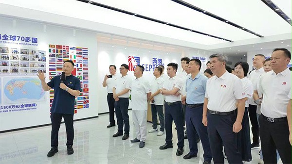 上图为：蘑菇视频免费网站门业党支部书记、董事长杨元嘉为来宾介绍公司发展情况